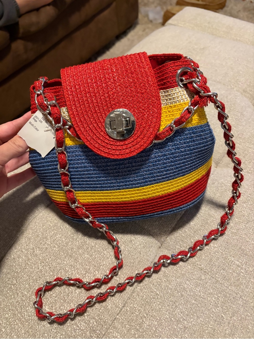 Striped Woven Crossbody Bag with Red Flap and Chain Strap